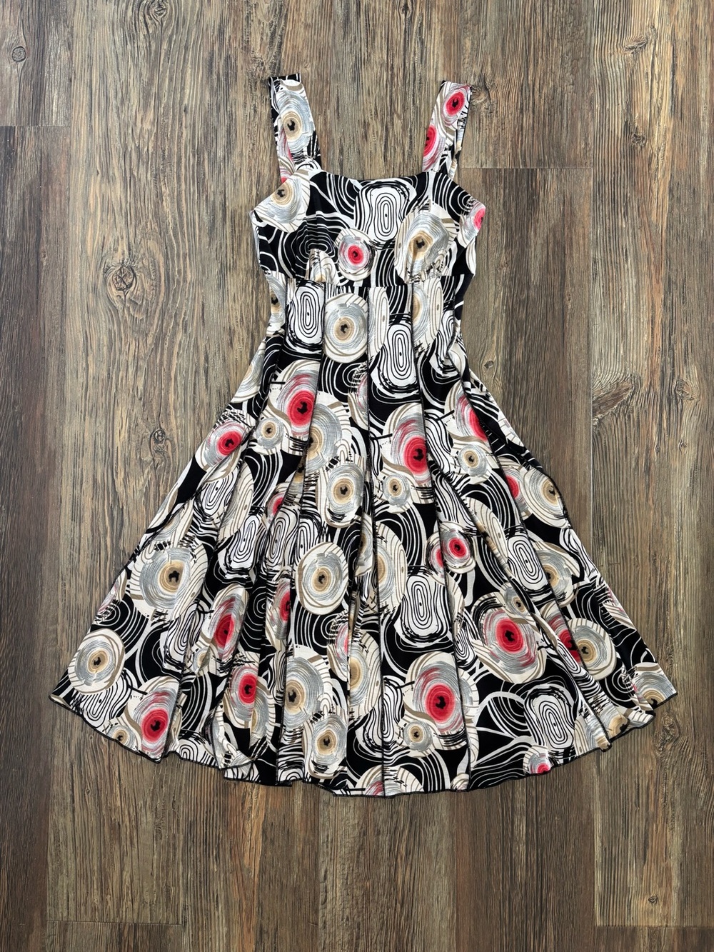 Y2K Bali Sleeveless Midi Dress Size 6 Black White Red Multi Abstract Whimsigoth - Picture 1 of 10